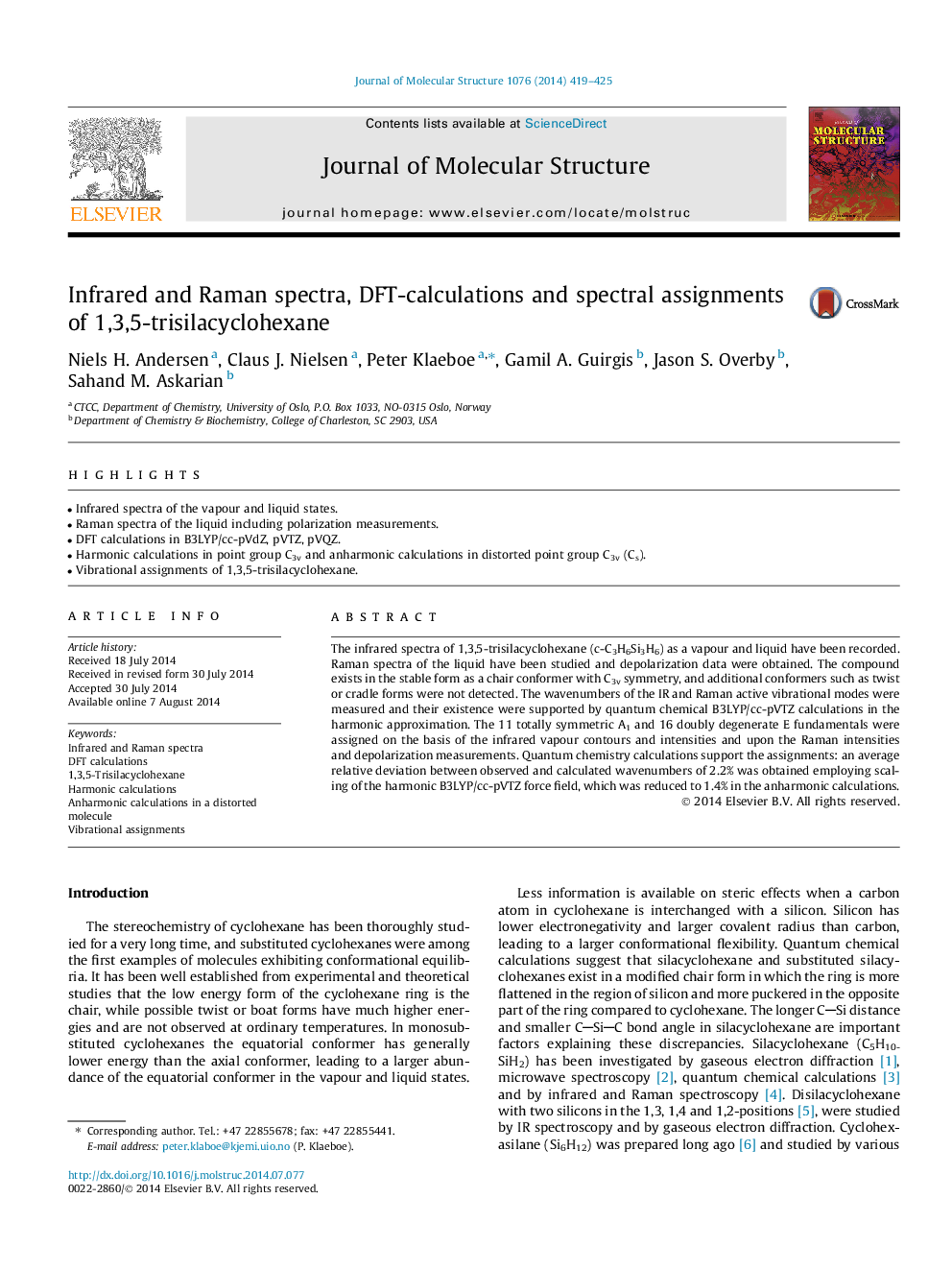 Infrared and Raman spectra, DFT-calculations and spectral assignments of 1,3,5-trisilacyclohexane