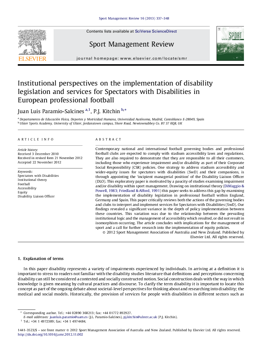 Institutional perspectives on the implementation of disability legislation and services for Spectators with Disabilities in European professional football