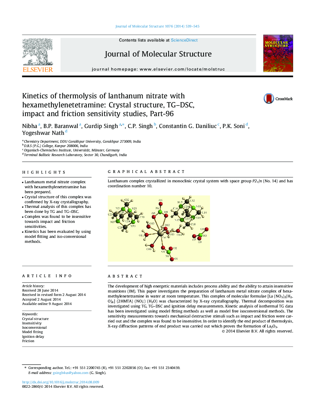 Kinetics of thermolysis of lanthanum nitrate with hexamethylenetetramine: Crystal structure, TG–DSC, impact and friction sensitivity studies, Part-96