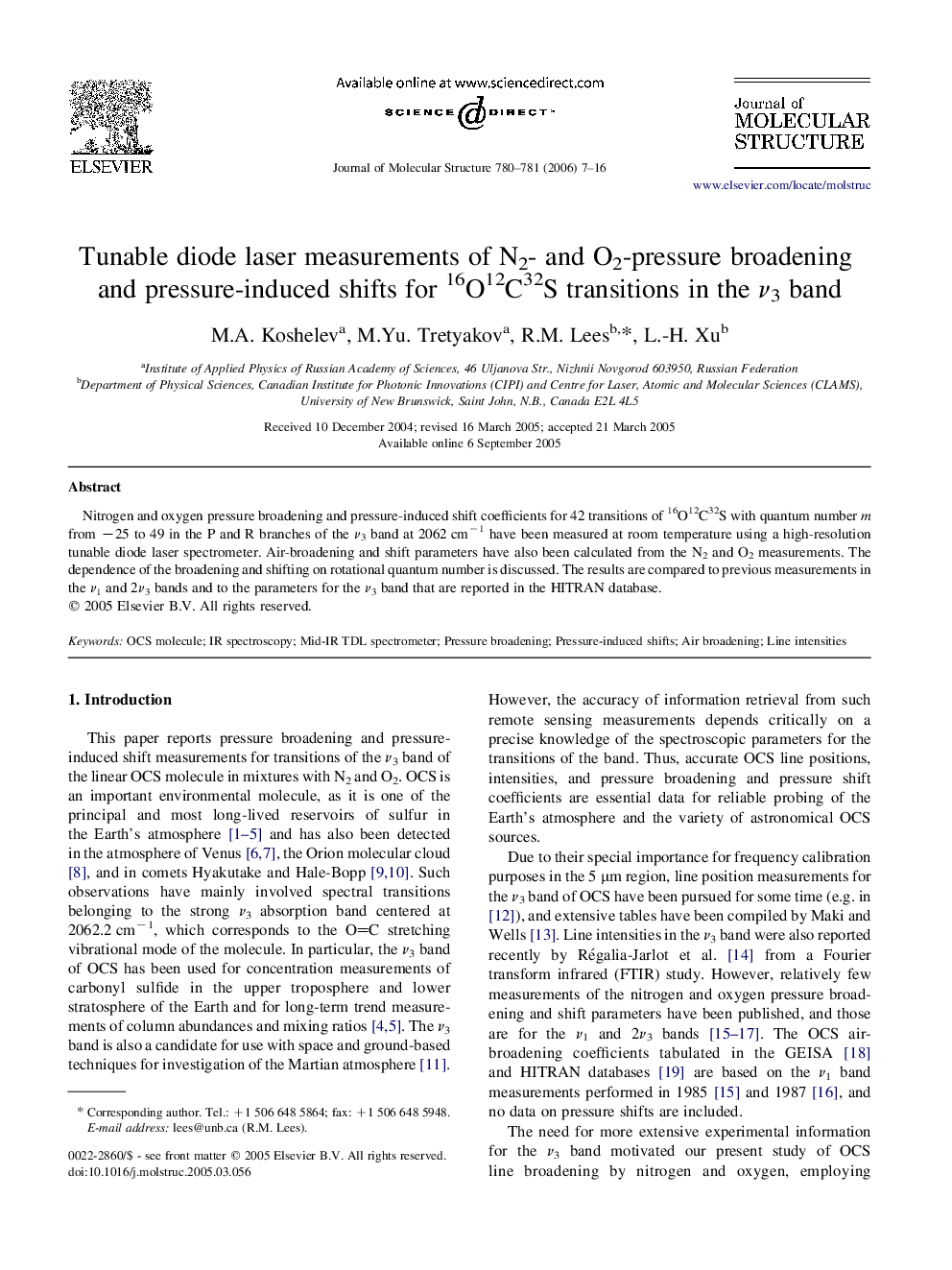 Tunable diode laser measurements of N2- and O2-pressure broadening and pressure-induced shifts for 16O12C32S transitions in the ν3 band