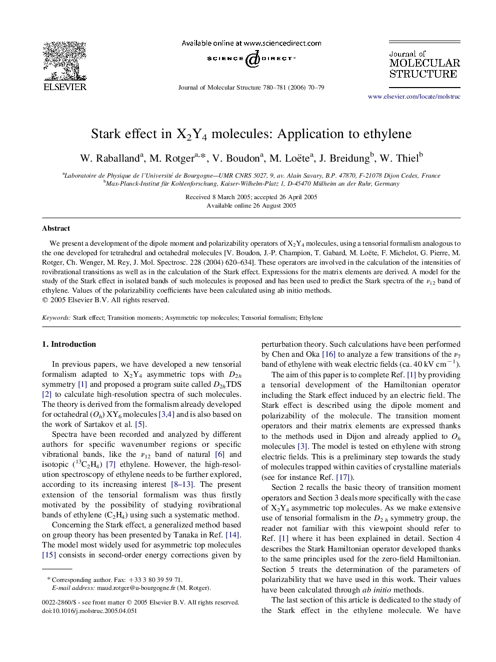 Stark effect in X2Y4 molecules: Application to ethylene