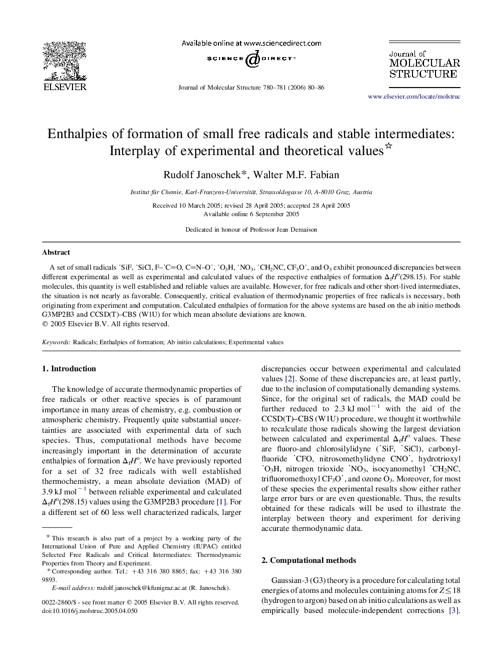 Enthalpies of formation of small free radicals and stable intermediates: Interplay of experimental and theoretical values 