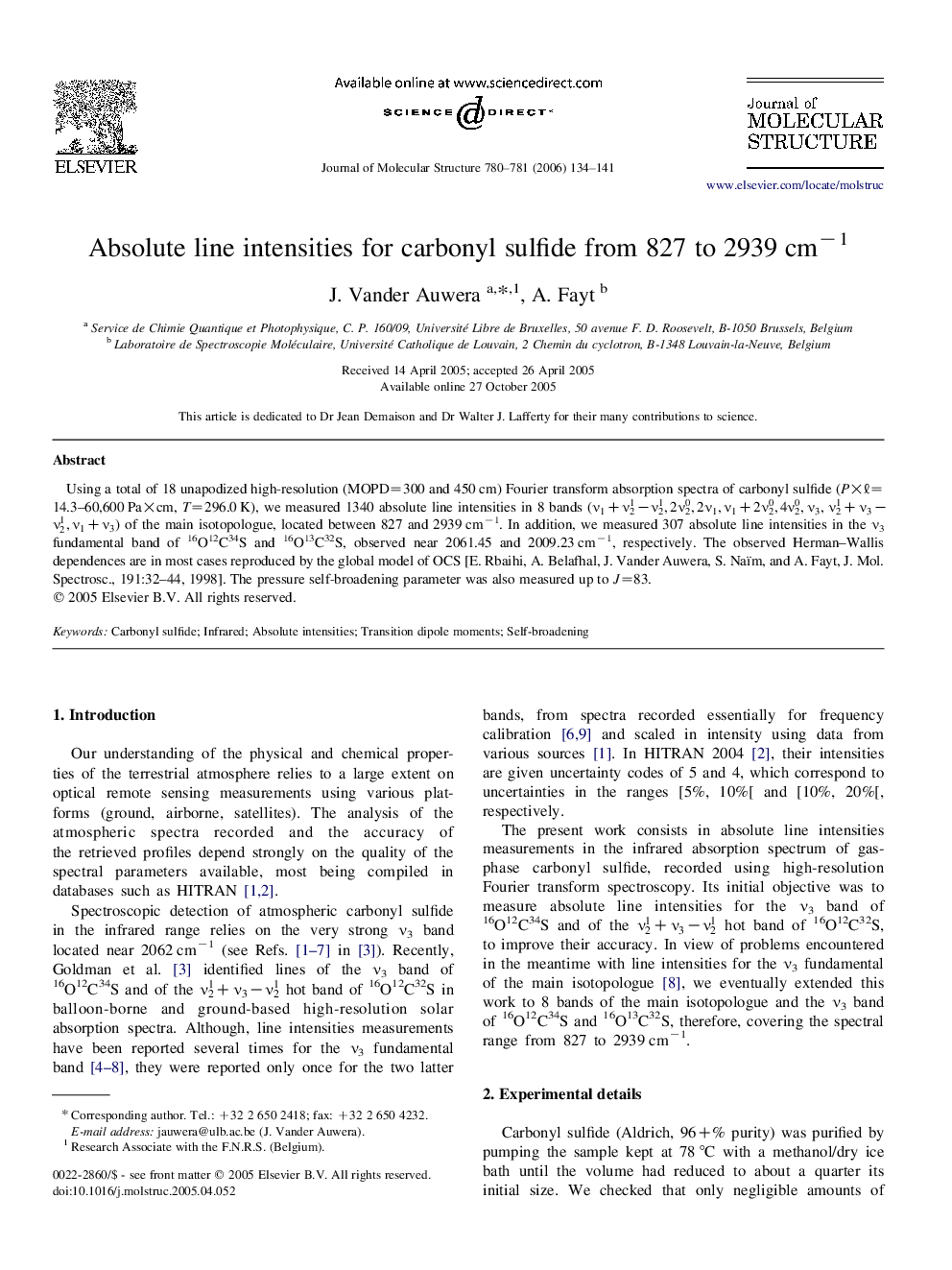 Absolute line intensities for carbonyl sulfide from 827 to 2939 cm−1