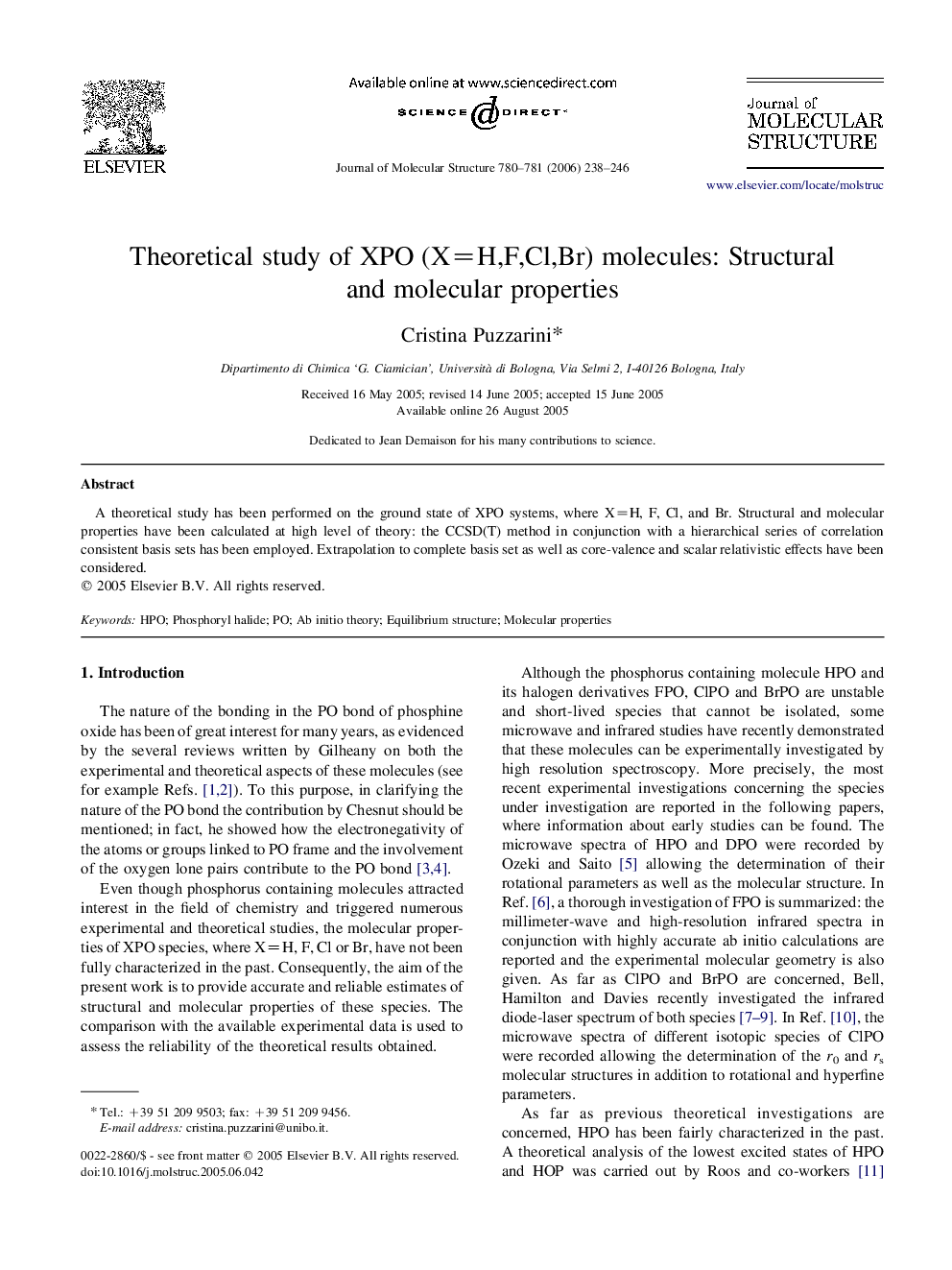 Theoretical study of XPO (X=H,F,Cl,Br) molecules: Structural and molecular properties