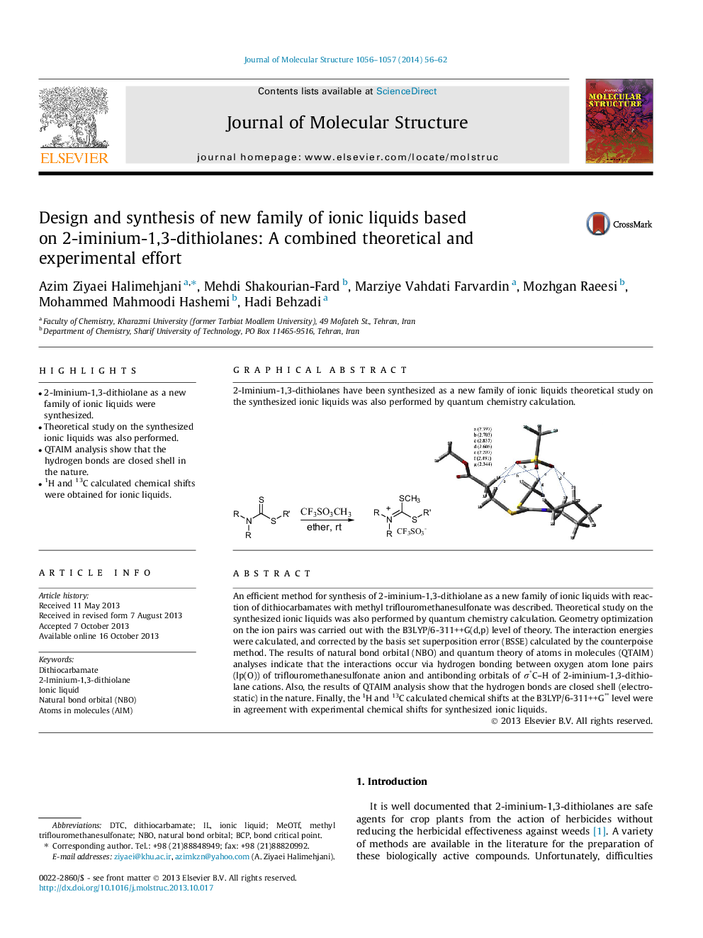 Design and synthesis of new family of ionic liquids based on 2-iminium-1,3-dithiolanes: A combined theoretical and experimental effort