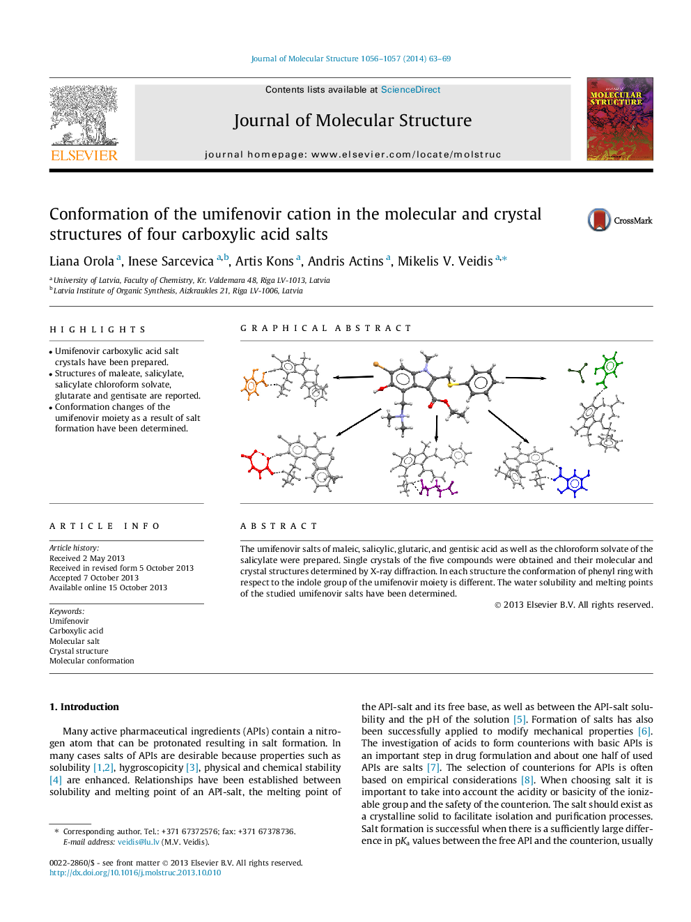 Conformation of the umifenovir cation in the molecular and crystal structures of four carboxylic acid salts