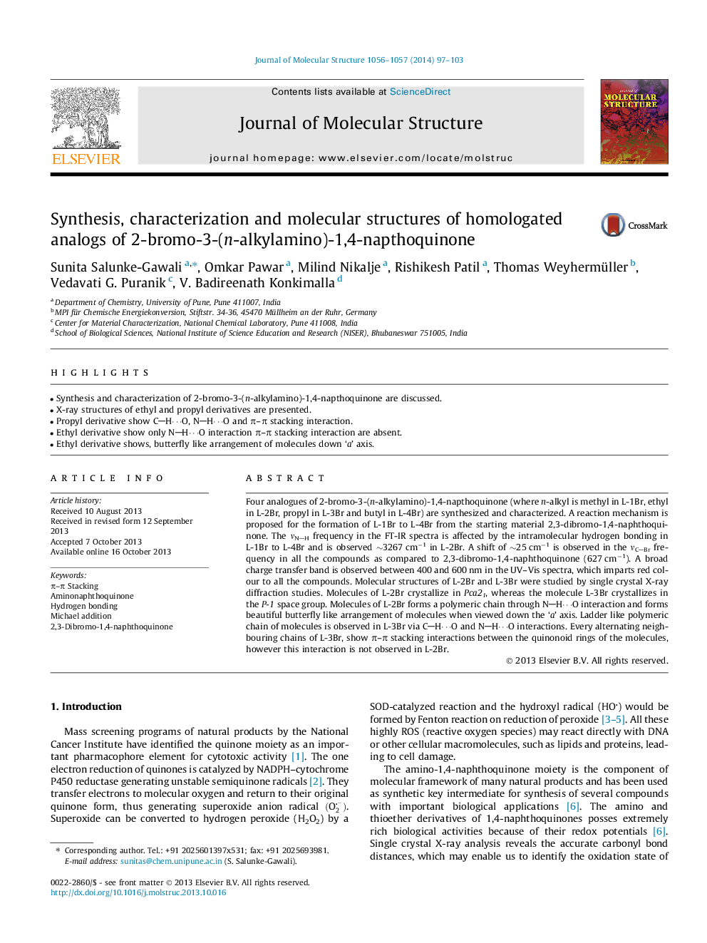 Synthesis, characterization and molecular structures of homologated analogs of 2-bromo-3-(n-alkylamino)-1,4-napthoquinone