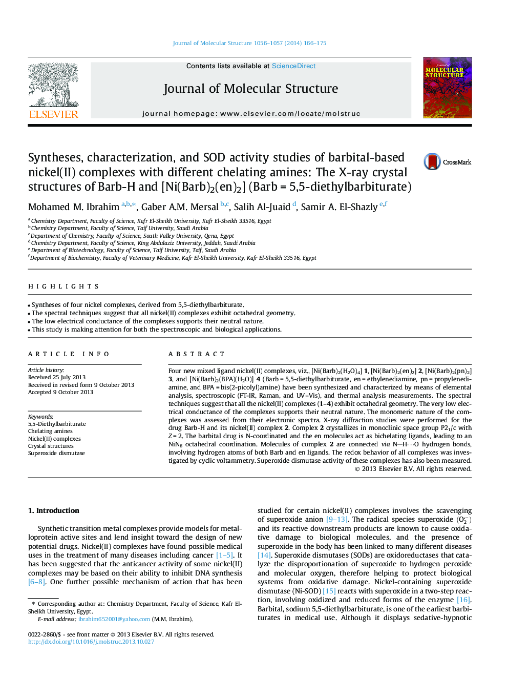 Syntheses, characterization, and SOD activity studies of barbital-based nickel(II) complexes with different chelating amines: The X-ray crystal structures of Barb-H and [Ni(Barb)2(en)2] (Barb = 5,5-diethylbarbiturate)