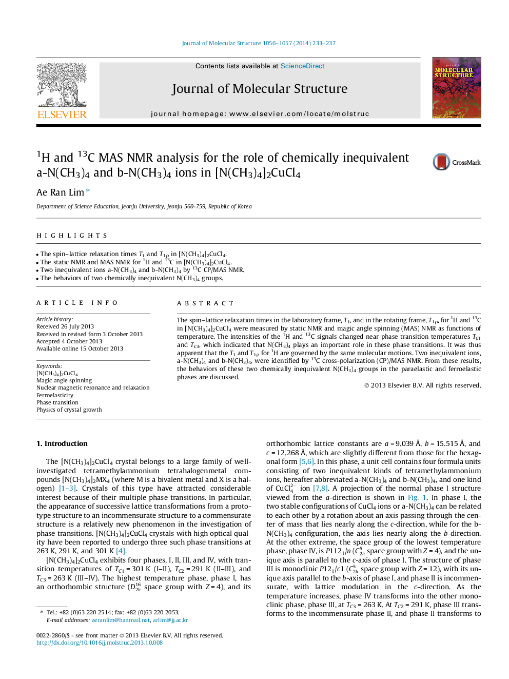 1H and 13C MAS NMR analysis for the role of chemically inequivalent a-N(CH3)4 and b-N(CH3)4 ions in [N(CH3)4]2CuCl4