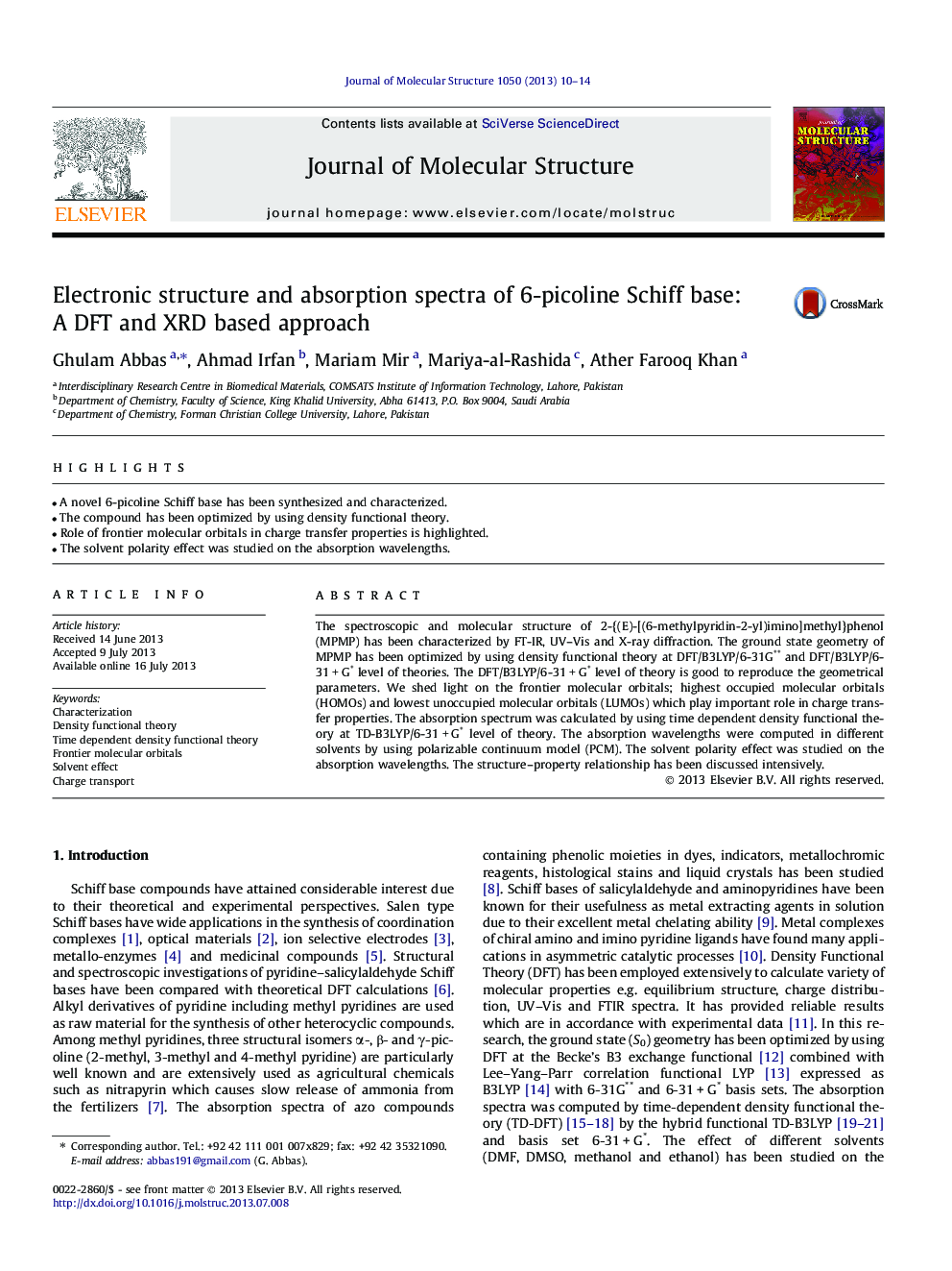 Electronic structure and absorption spectra of 6-picoline Schiff base: A DFT and XRD based approach