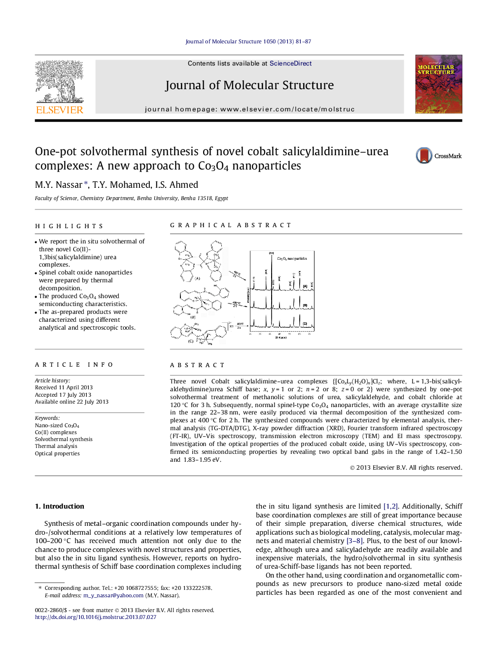 One-pot solvothermal synthesis of novel cobalt salicylaldimine–urea complexes: A new approach to Co3O4 nanoparticles