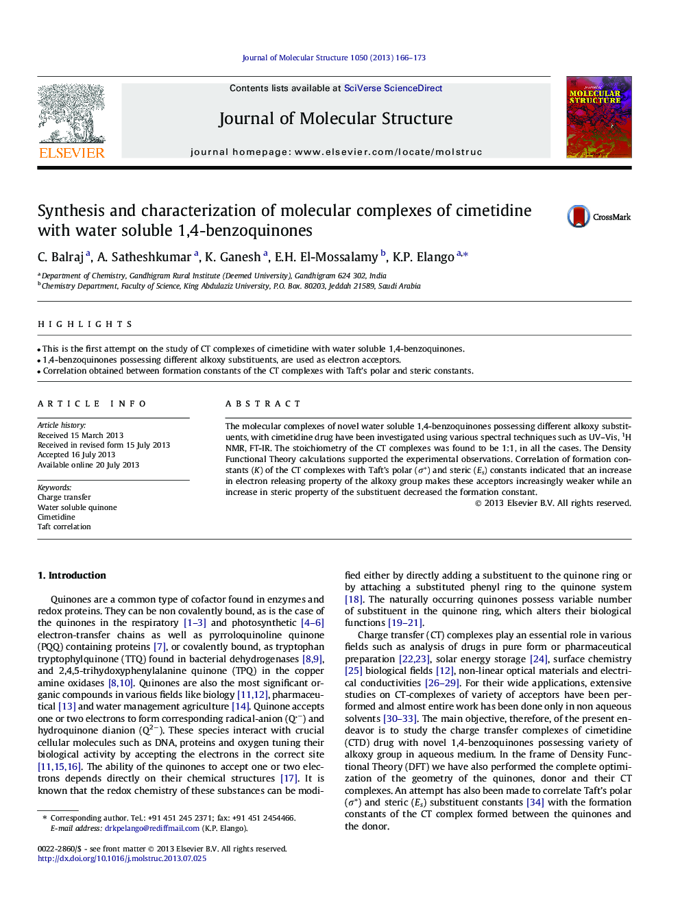 Synthesis and characterization of molecular complexes of cimetidine with water soluble 1,4-benzoquinones