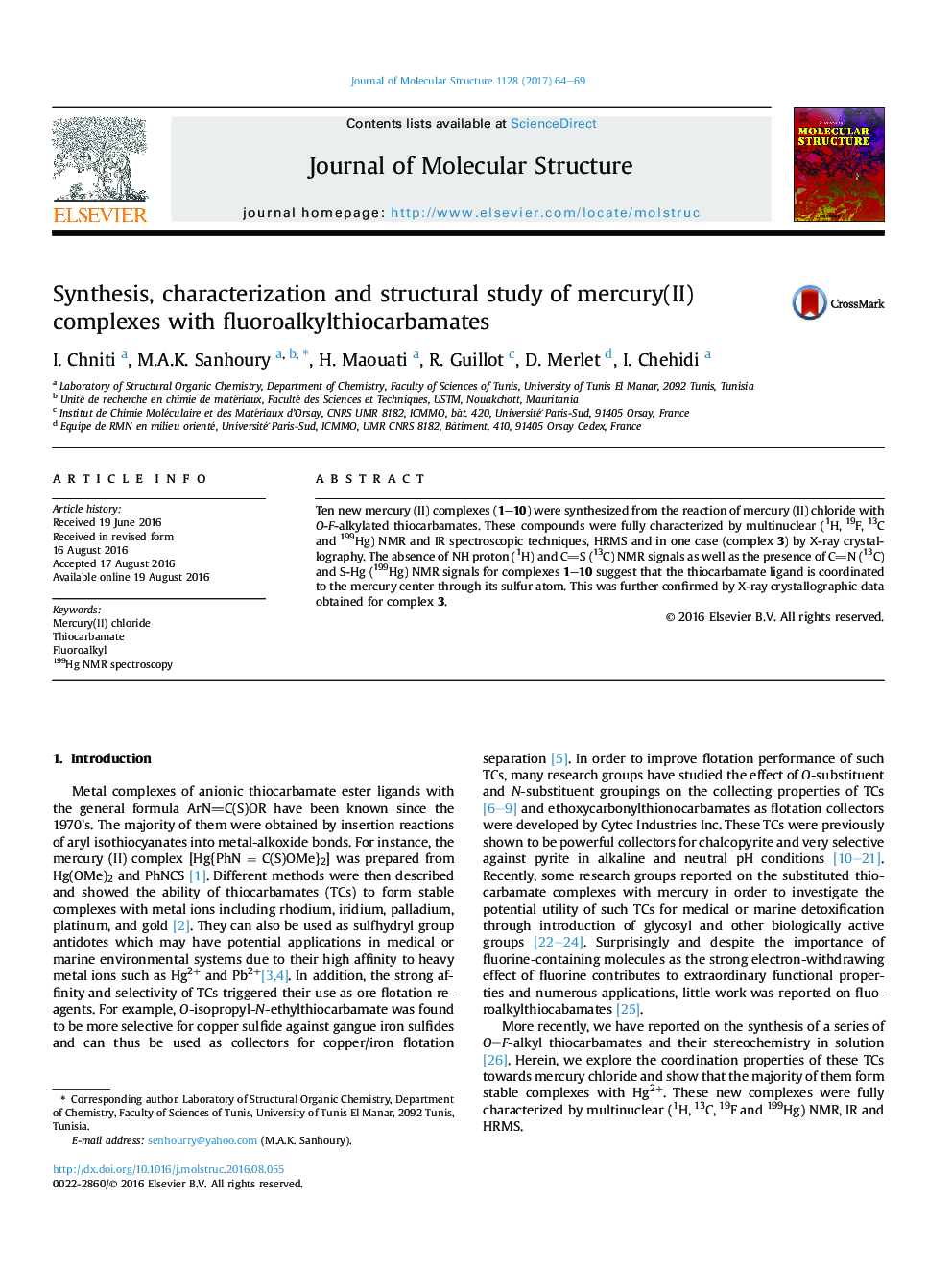 سنتز، شناسایی و مطالعه ساختاری  کمپلکس های جیوه(II) با fluoroalkylthiocarbamates