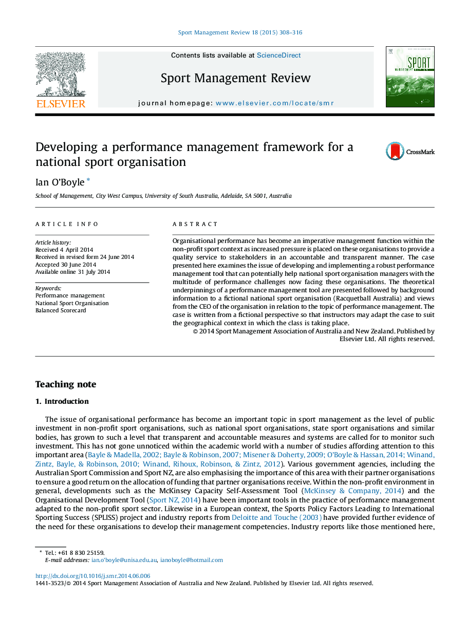 Developing a performance management framework for a national sport organisation