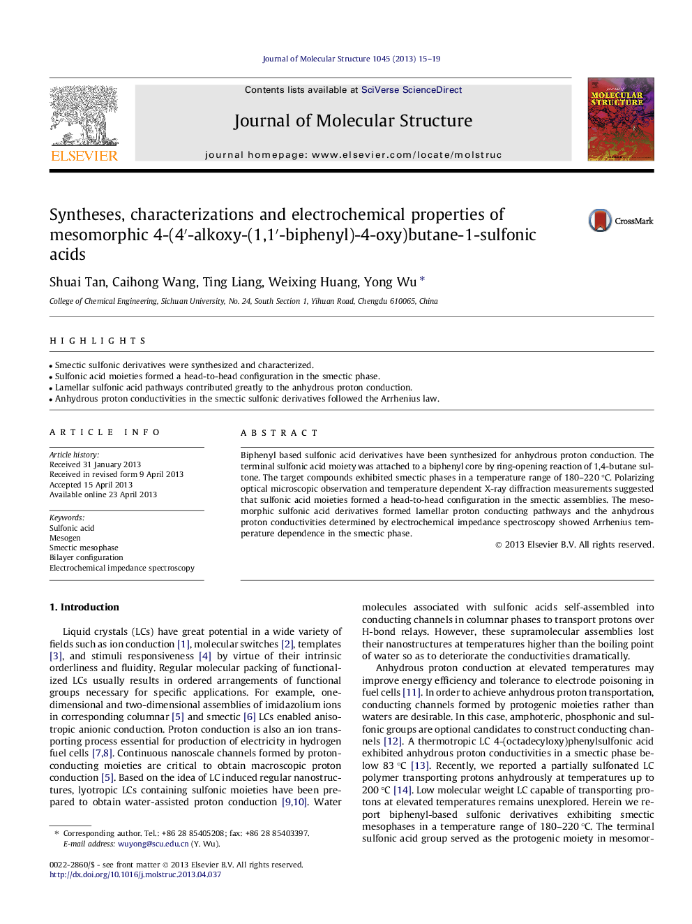 Syntheses, characterizations and electrochemical properties of mesomorphic 4-(4′-alkoxy-(1,1′-biphenyl)-4-oxy)butane-1-sulfonic acids