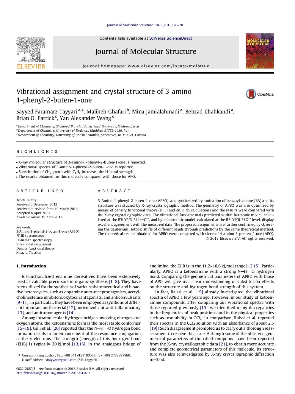 Vibrational assignment and crystal structure of 3-amino-1-phenyl-2-buten-1-one