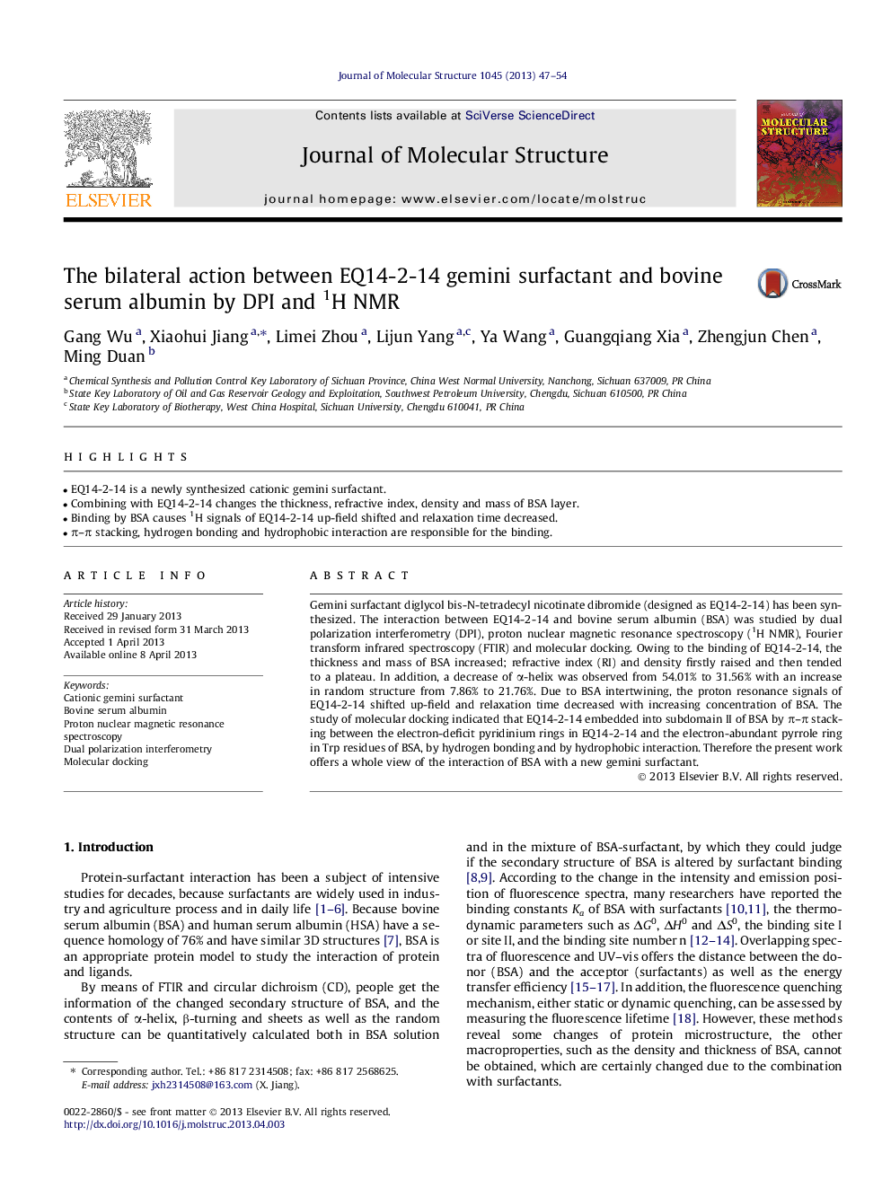 The bilateral action between EQ14-2-14 gemini surfactant and bovine serum albumin by DPI and 1H NMR