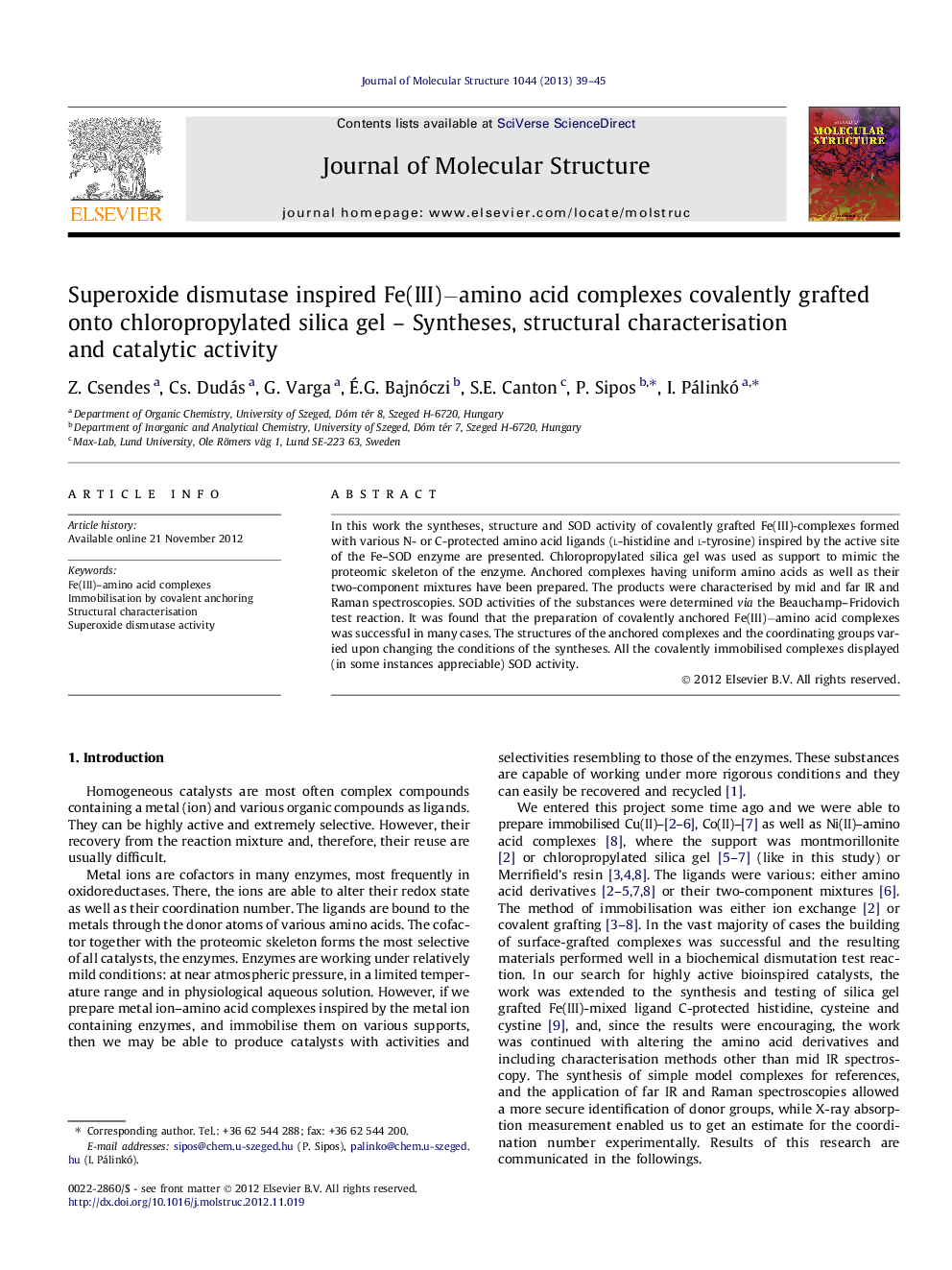 Superoxide dismutase inspired Fe(III)−amino acid complexes covalently grafted onto chloropropylated silica gel – Syntheses, structural characterisation and catalytic activity