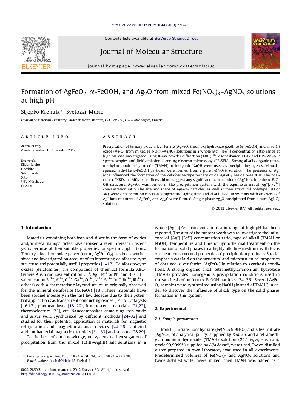 Formation of AgFeO2, α-FeOOH, and Ag2O from mixed Fe(NO3)3–AgNO3 solutions at high pH