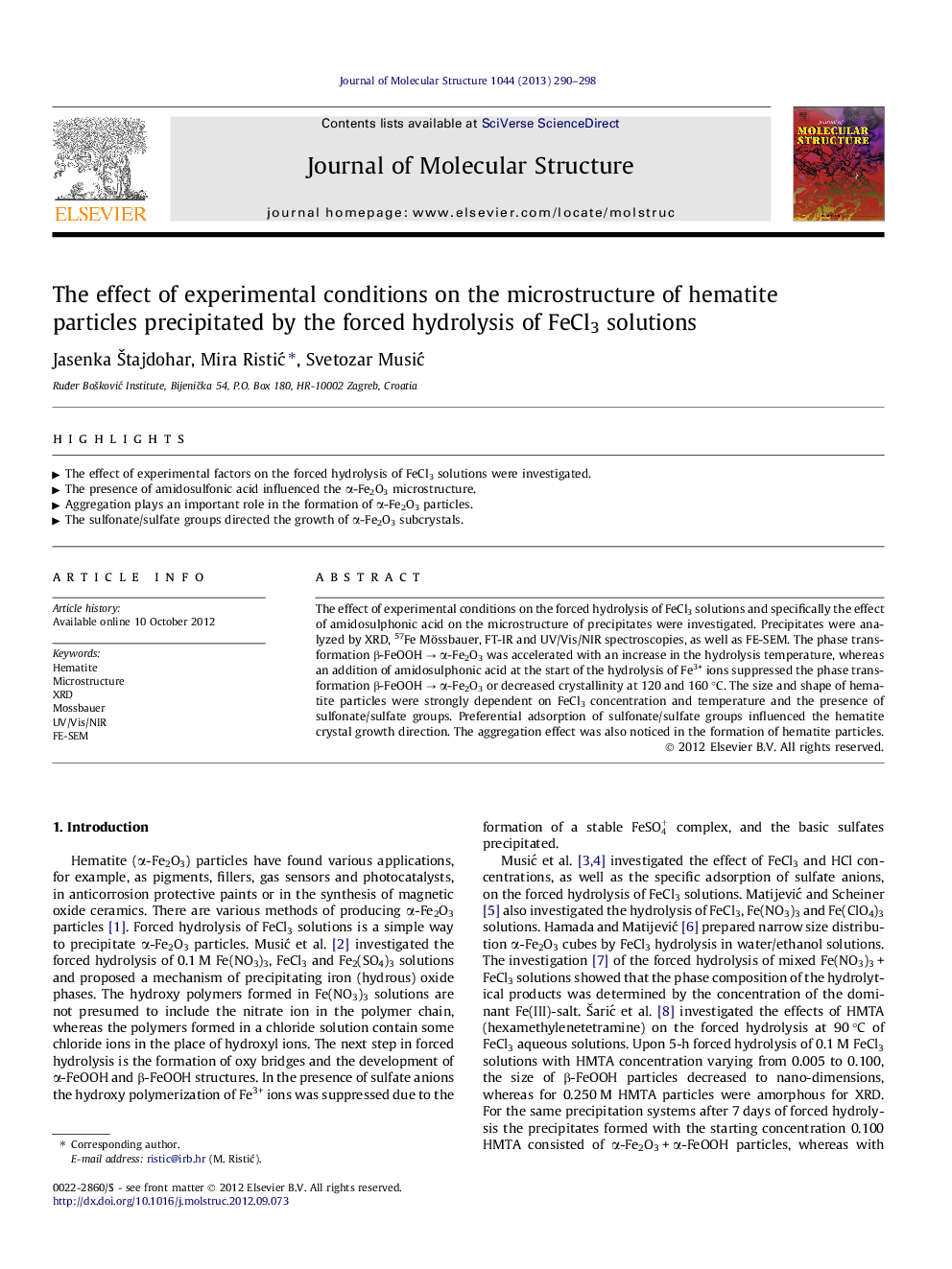 The effect of experimental conditions on the microstructure of hematite particles precipitated by the forced hydrolysis of FeCl3 solutions