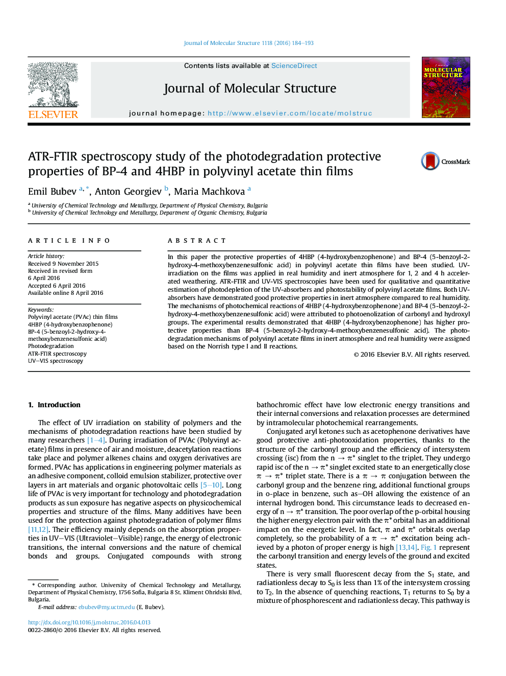 ATR-FTIR spectroscopy study of the photodegradation protective properties of BP-4 and 4HBP in polyvinyl acetate thin films