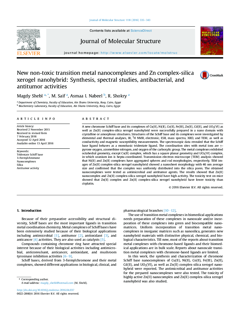 New non-toxic transition metal nanocomplexes and Zn complex-silica xerogel nanohybrid: Synthesis, spectral studies, antibacterial, and antitumor activities