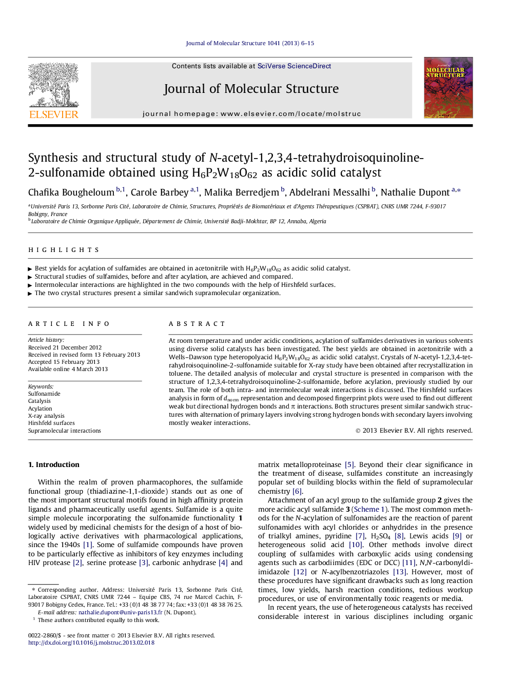 Synthesis and structural study of N-acetyl-1,2,3,4-tetrahydroisoquinoline-2-sulfonamide obtained using H6P2W18O62 as acidic solid catalyst