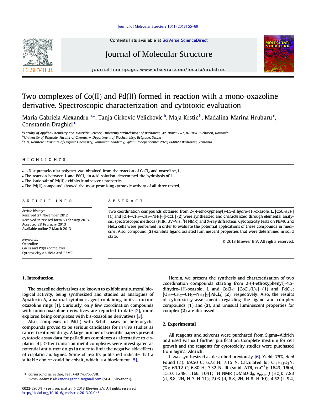 Two complexes of Co(II) and Pd(II) formed in reaction with a mono-oxazoline derivative. Spectroscopic characterization and cytotoxic evaluation