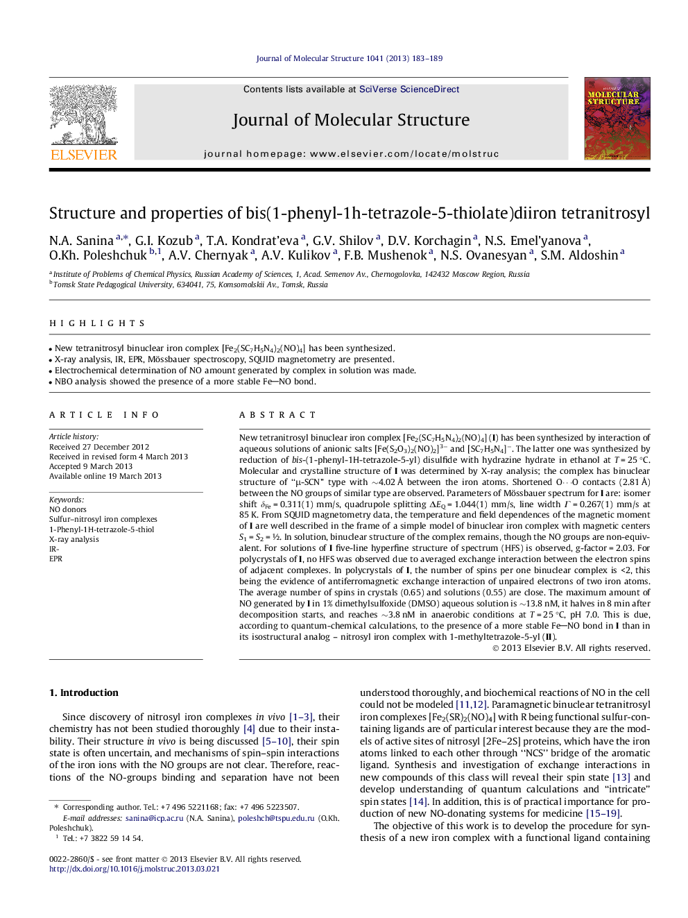 Structure and properties of bis(1-phenyl-1h-tetrazole-5-thiolate)diiron tetranitrosyl