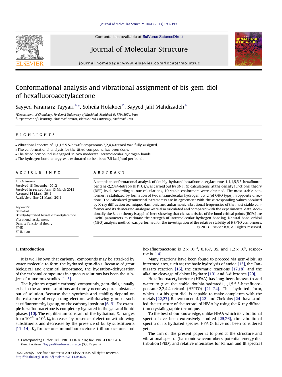 Conformational analysis and vibrational assignment of bis-gem-diol of hexafluoroacetylacetone