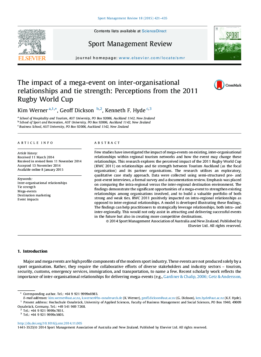 The impact of a mega-event on inter-organisational relationships and tie strength: Perceptions from the 2011 Rugby World Cup