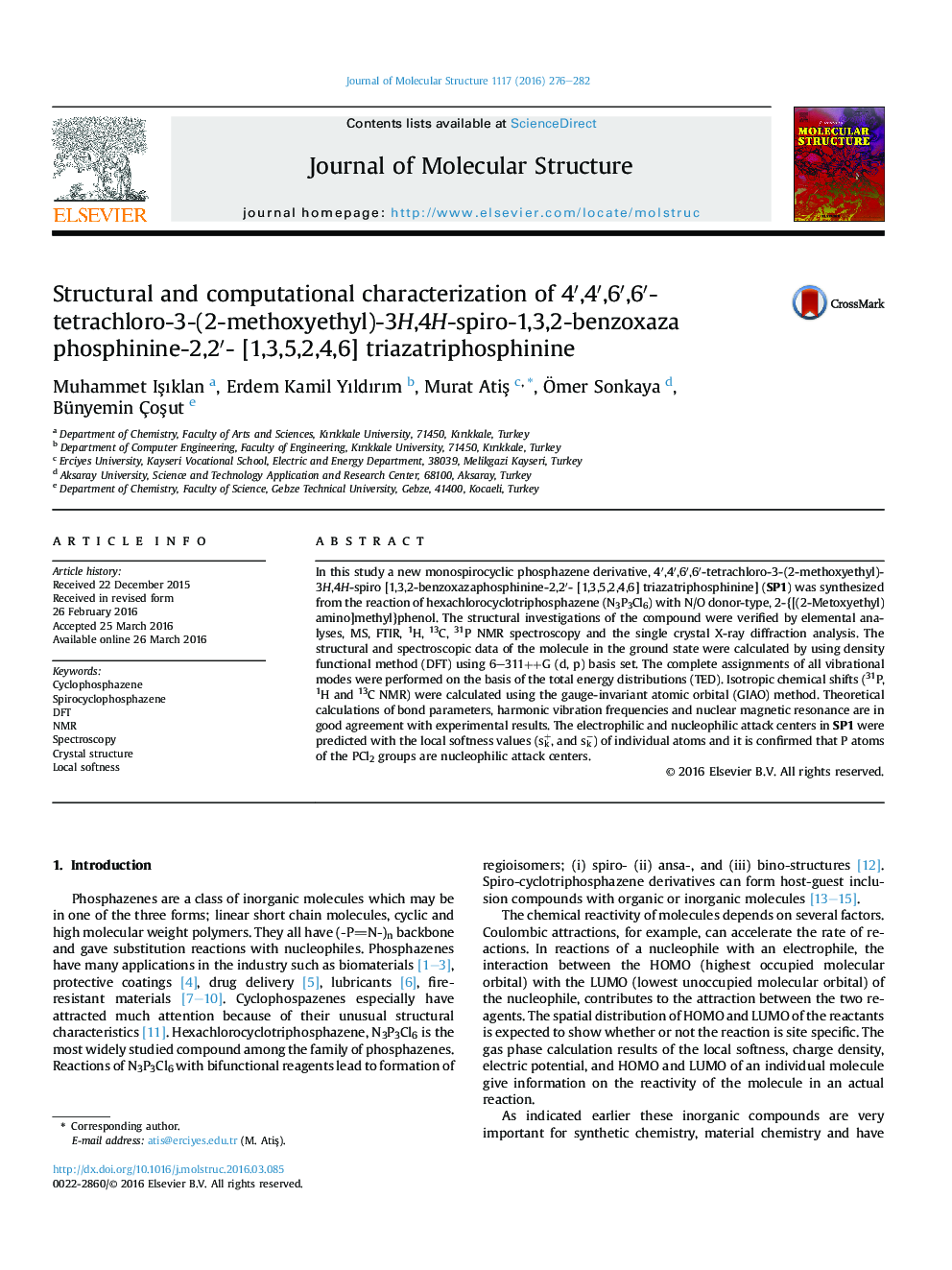 Structural and computational characterization of 4′,4′,6′,6′-tetrachloro-3-(2-methoxyethyl)-3H,4H-spiro-1,3,2-benzoxaza phosphinine-2,2′- [1,3,5,2,4,6] triazatriphosphinine