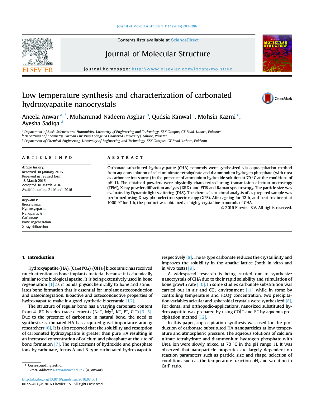 Low temperature synthesis and characterization of carbonated hydroxyapatite nanocrystals