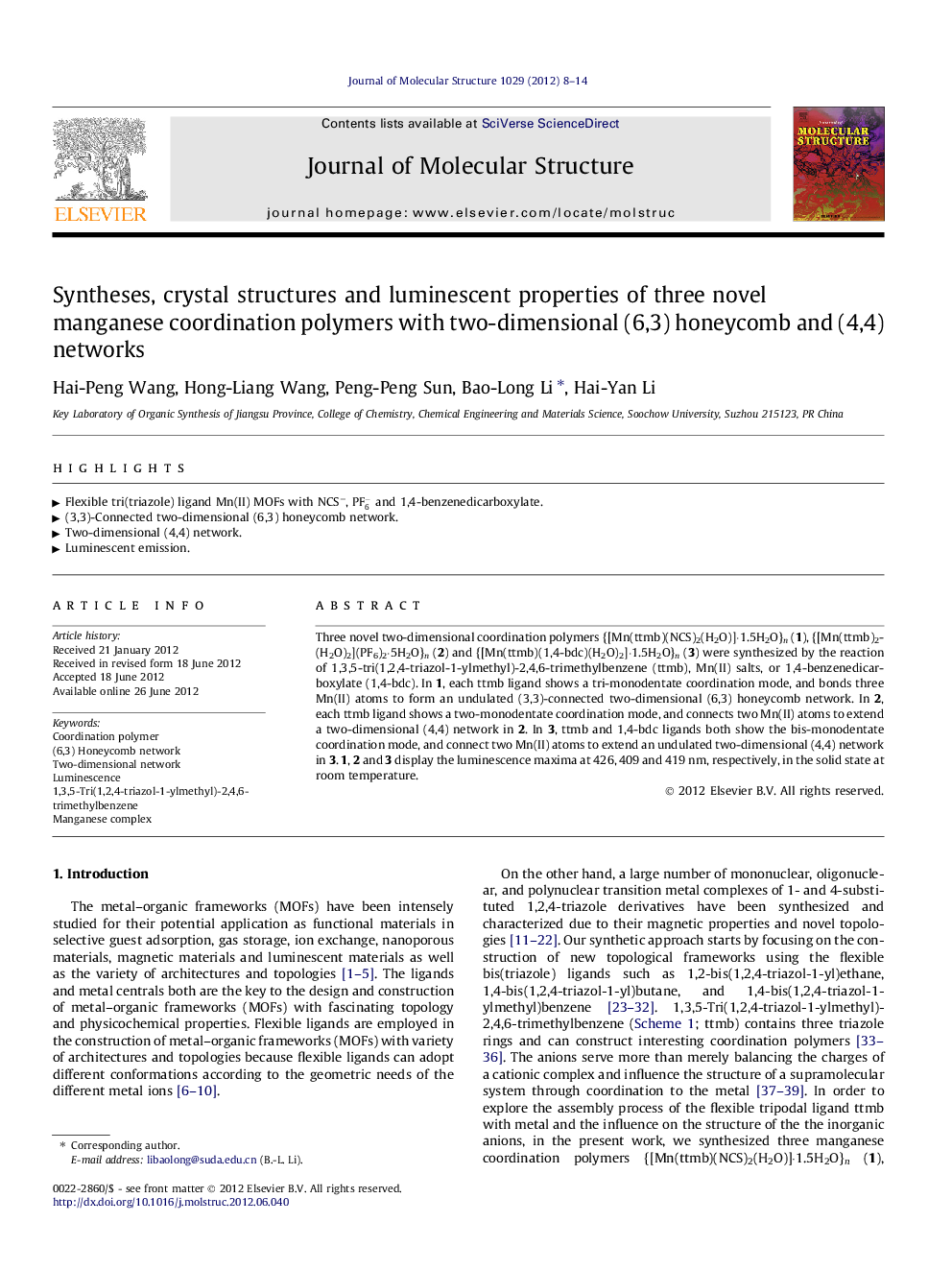 Syntheses, crystal structures and luminescent properties of three novel manganese coordination polymers with two-dimensional (6,3) honeycomb and (4,4) networks