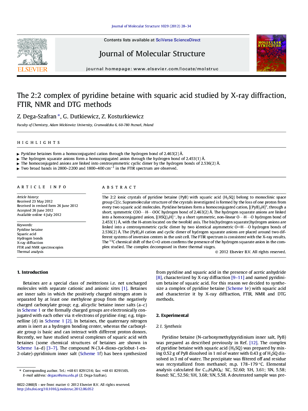 The 2:2 complex of pyridine betaine with squaric acid studied by X-ray diffraction, FTIR, NMR and DTG methods