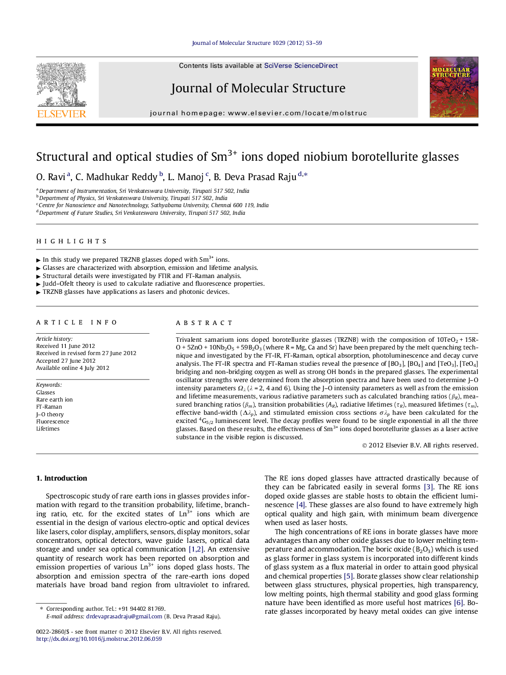 Structural and optical studies of Sm3+ ions doped niobium borotellurite glasses