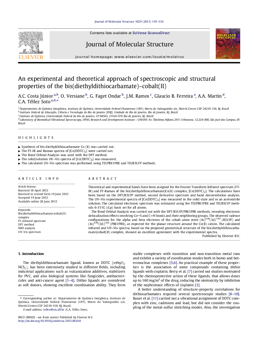 An experimental and theoretical approach of spectroscopic and structural properties of the bis(diethyldithiocarbamate)–cobalt(II)