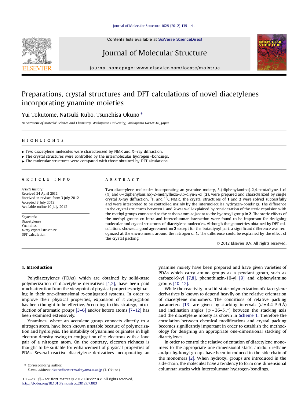 Preparations, crystal structures and DFT calculations of novel diacetylenes incorporating ynamine moieties