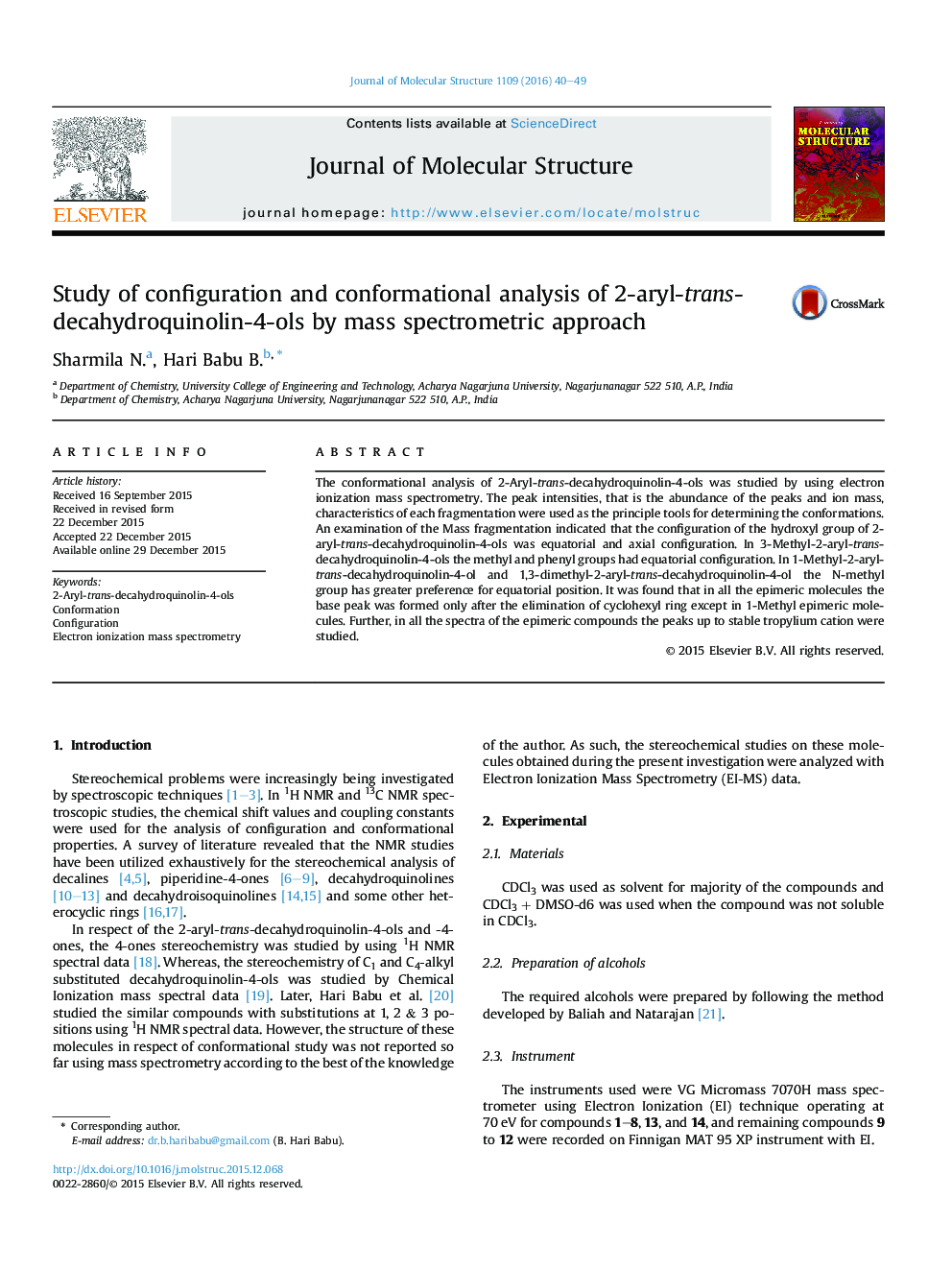 Study of configuration and conformational analysis of 2-aryl-trans- decahydroquinolin-4-ols by mass spectrometric approach