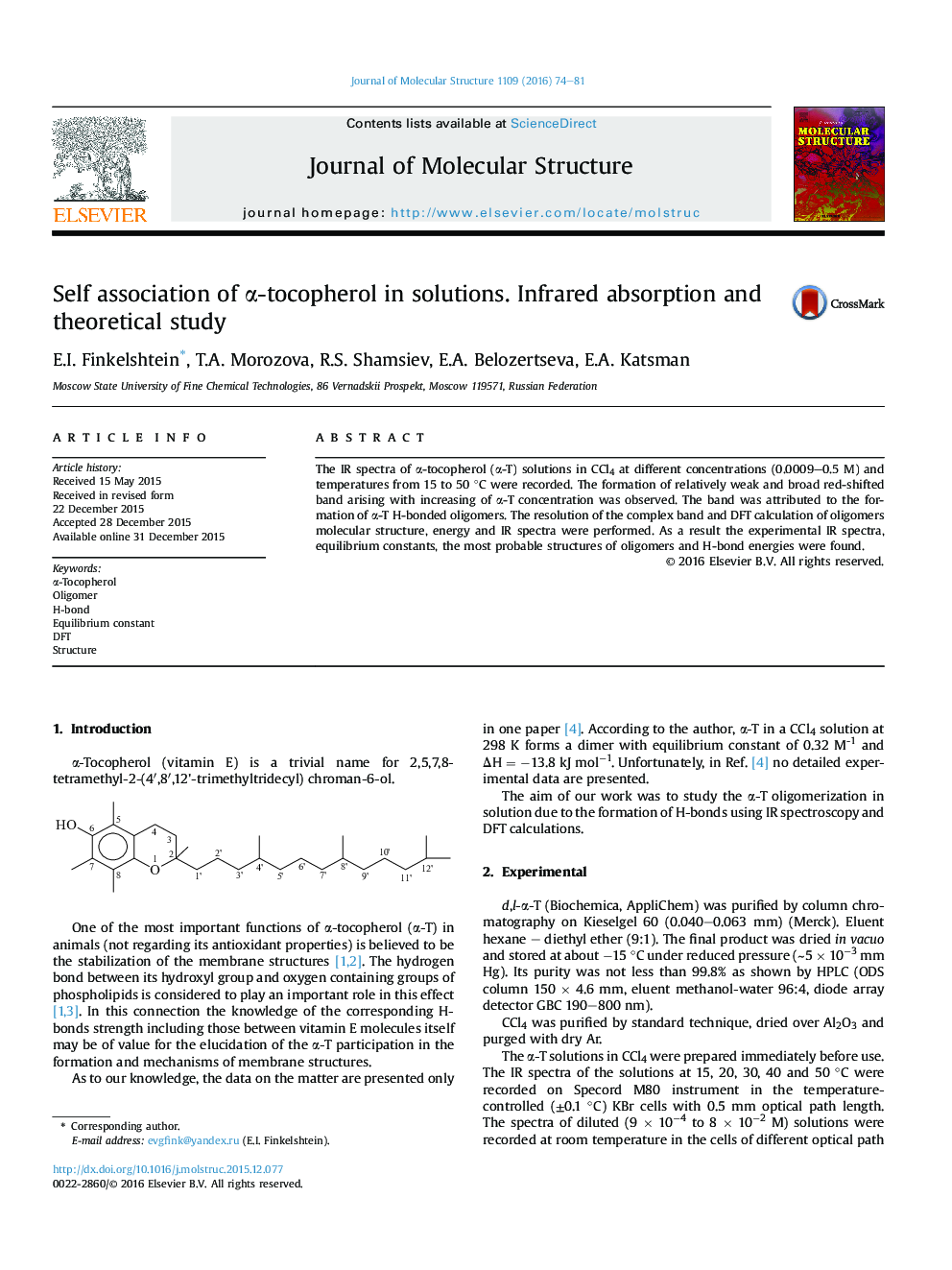 Self association of Î±-tocopherol in solutions. Infrared absorption and theoretical study