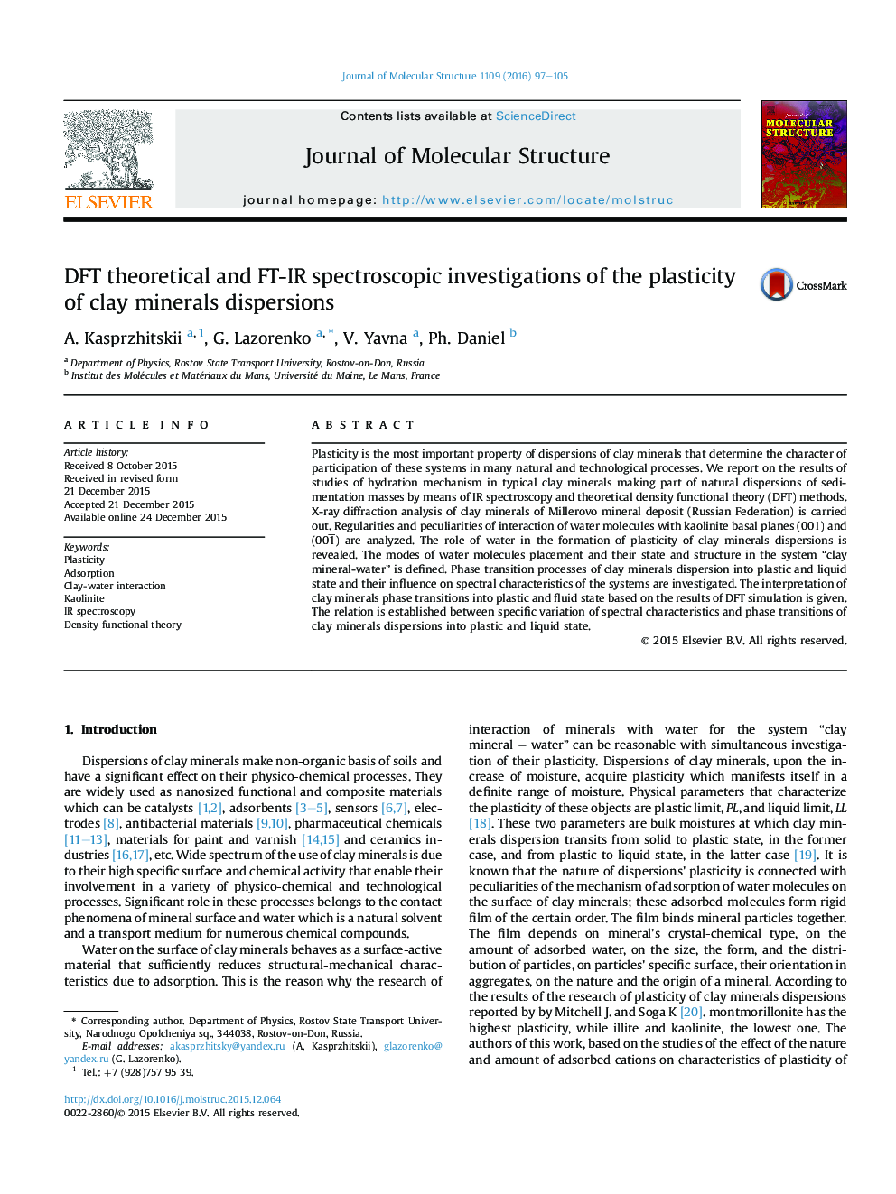 DFT theoretical and FT-IR spectroscopic investigations of the plasticity of clay minerals dispersions