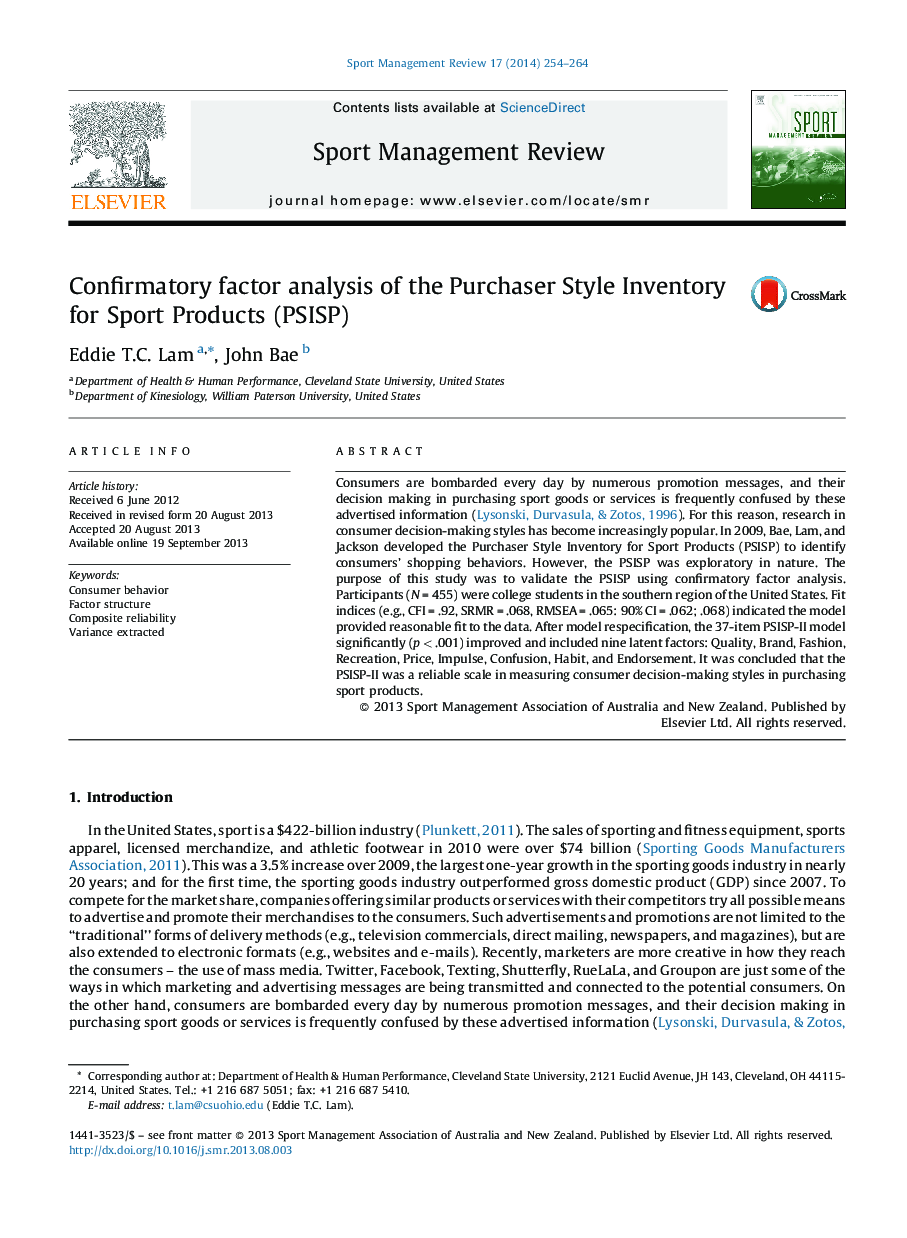 Confirmatory factor analysis of the Purchaser Style Inventory for Sport Products (PSISP)