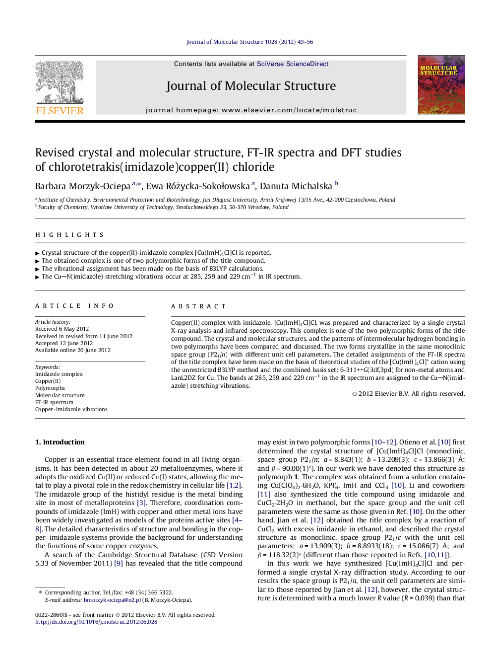 Revised crystal and molecular structure, FT-IR spectra and DFT studies of chlorotetrakis(imidazole)copper(II) chloride