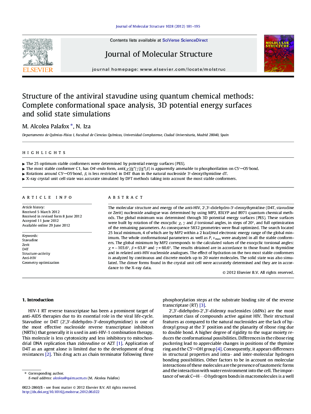 Structure of the antiviral stavudine using quantum chemical methods: Complete conformational space analysis, 3D potential energy surfaces and solid state simulations