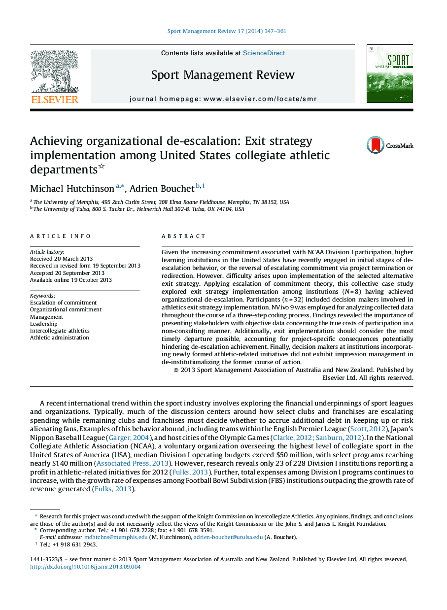 دستیابی به کاستن سازمانی از تنش ها: اجرای استراتژی خروج از میان گروه ورزشی دانشگاهی ایالات متحده 