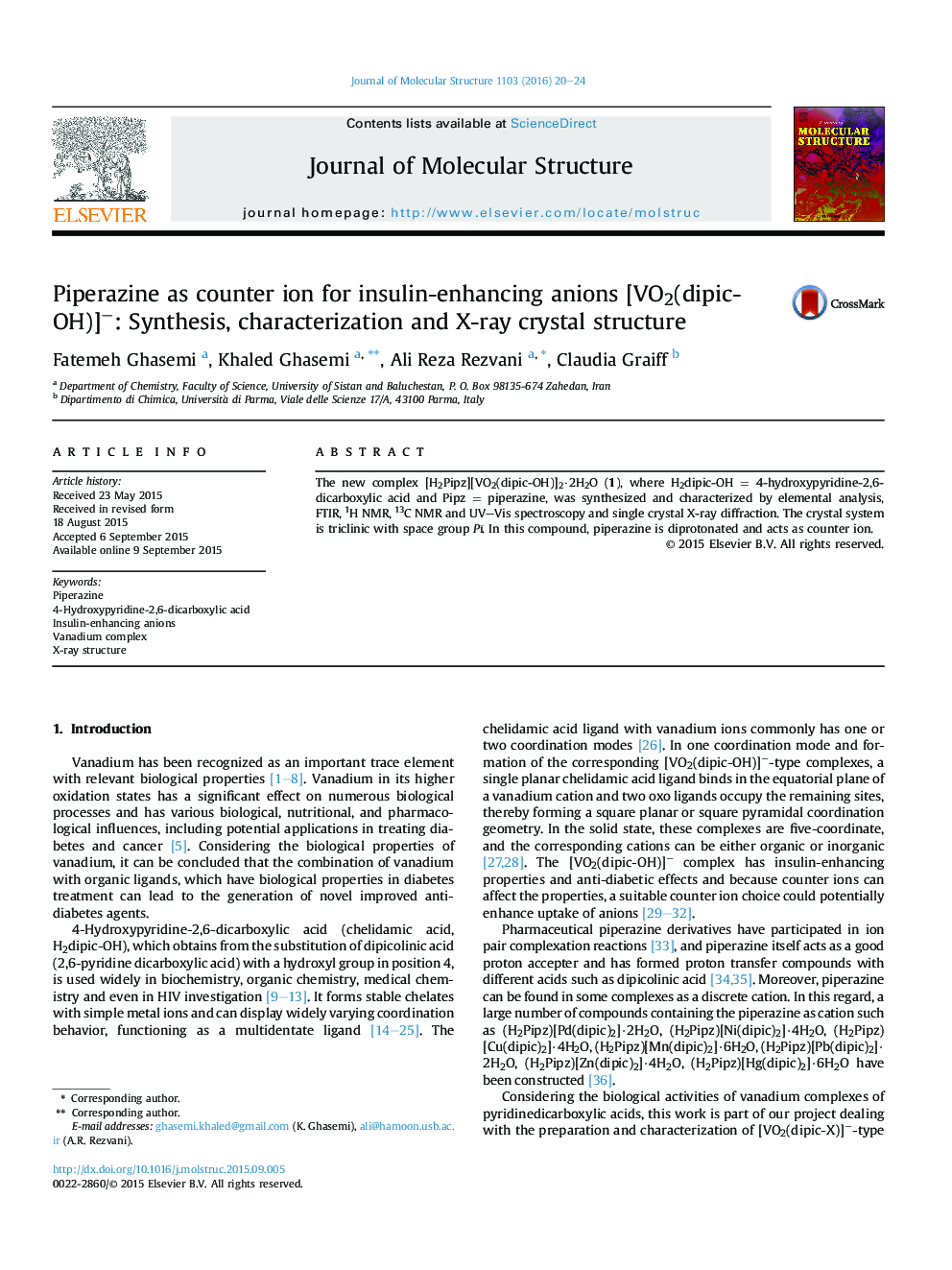 Piperazine as counter ion for insulin-enhancing anions [VO2(dipic-OH)]â: Synthesis, characterization and X-ray crystal structure