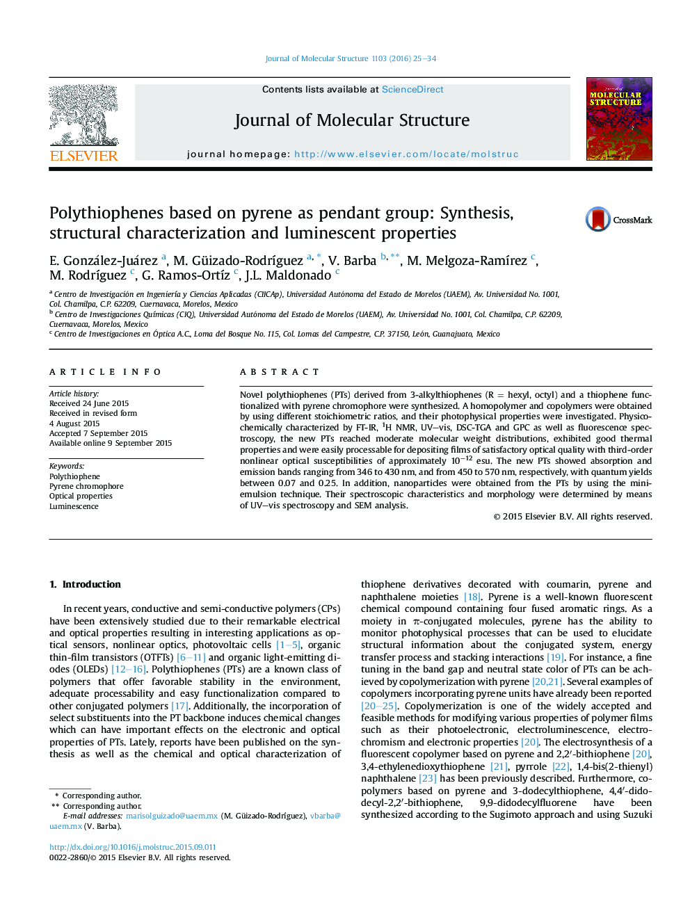 Polythiophenes based on pyrene as pendant group: Synthesis, structural characterization and luminescent properties