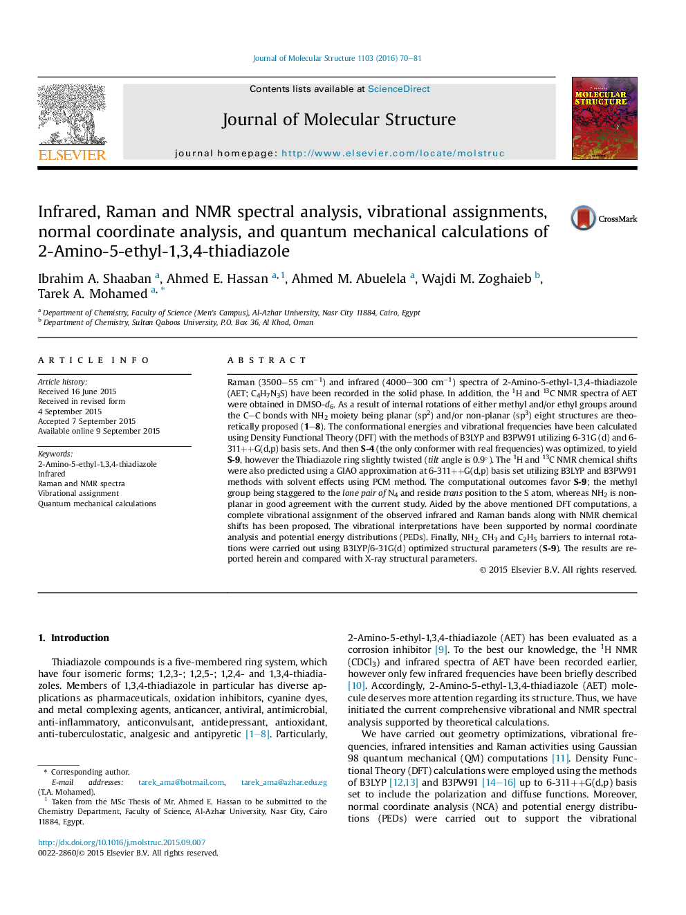 Infrared, Raman and NMR spectral analysis, vibrational assignments, normal coordinate analysis, and quantum mechanical calculations of 2-Amino-5-ethyl-1,3,4-thiadiazole