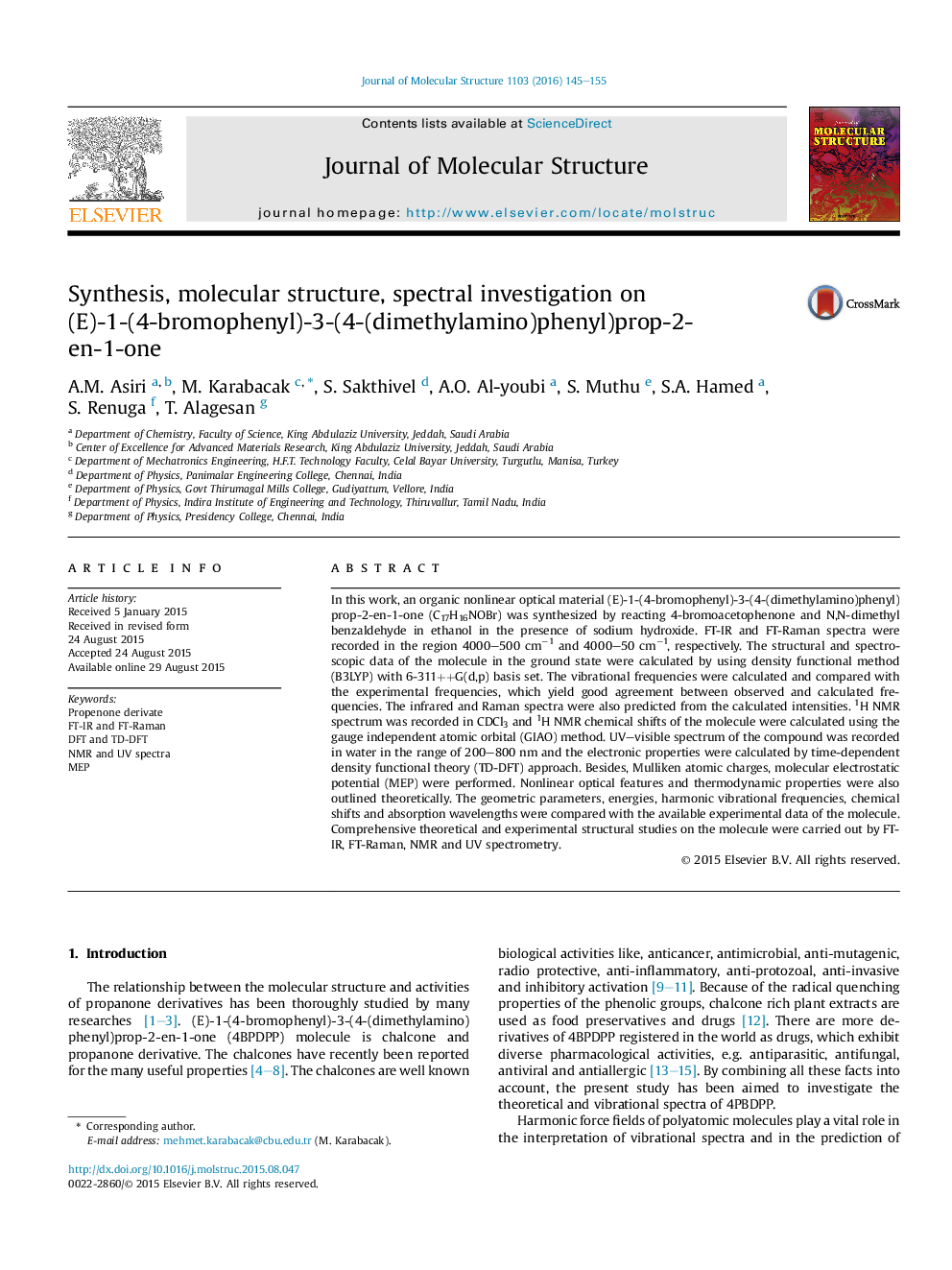 Synthesis, molecular structure, spectral investigation on (E)-1-(4-bromophenyl)-3-(4-(dimethylamino)phenyl)prop-2-en-1-one