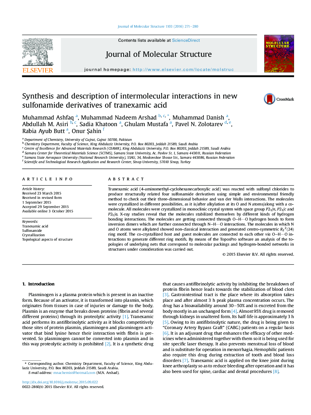 Synthesis and description of intermolecular interactions in new sulfonamide derivatives of tranexamic acid